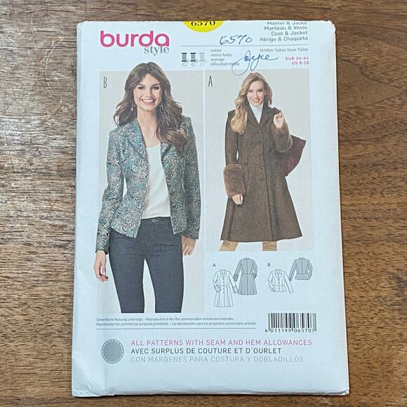 Burda #6570 sewing pattern button front blazer jacket & coat US size 8 - 18 - Picture 2 of 6